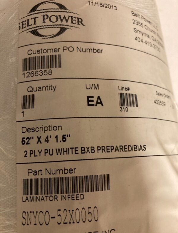 52"W x 4’1.5”L White Food Grade Conveyor Belt 2 PLY PU BXB Prepared on Bias - Image 2