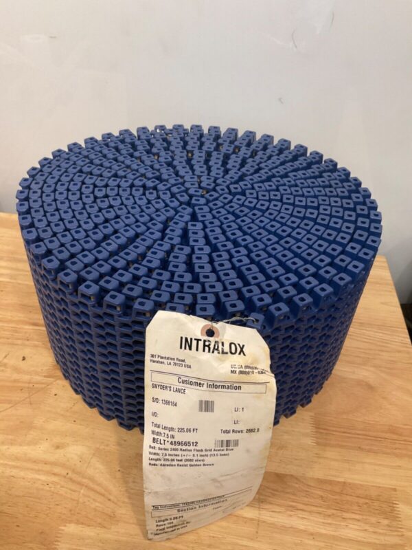 Intralox Series 2400 Radius Flush Grid Blue Acetal Conveyor Belt 34.24’L x 7.5”W