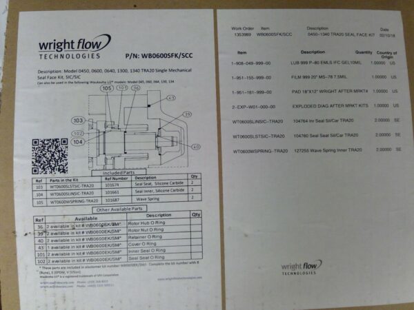 Waukesha Wright Flow Circumferential Pumps Seal Face Kit WB0600SFK/SCC - Image 3