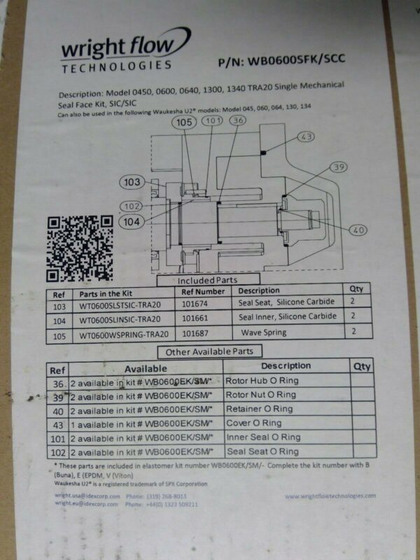 Waukesha Wright Flow Circumferential Pumps Seal Face Kit WB0600SFK/SCC - Image 4