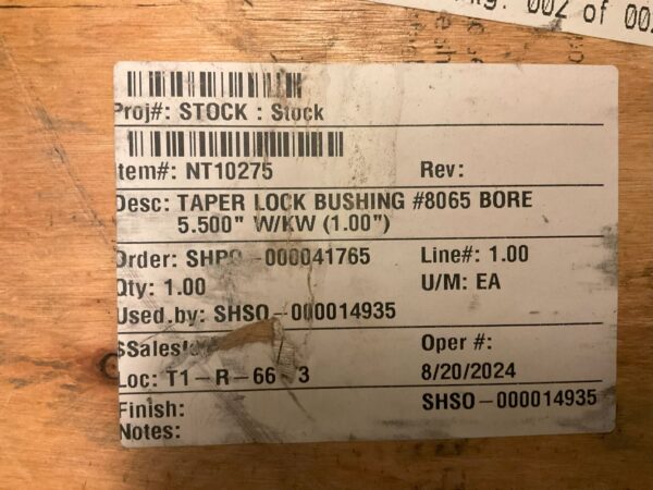 8065 5.5 inch taper lock bushing TBW SPF manufacturer label